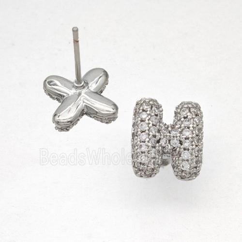 Copper Stud Earrings Pave Zirconia Letter-H Platinum Plated