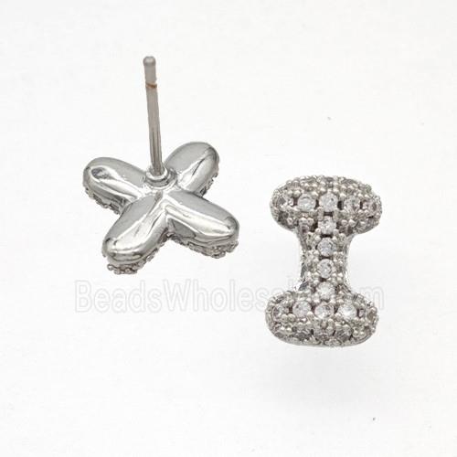 Copper Stud Earrings Pave Zirconia Letter-I Platinum Plated
