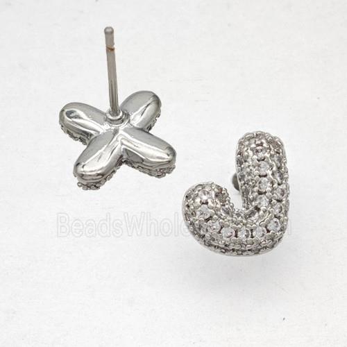 Copper Stud Earrings Pave Zirconia Letter-J Platinum Plated