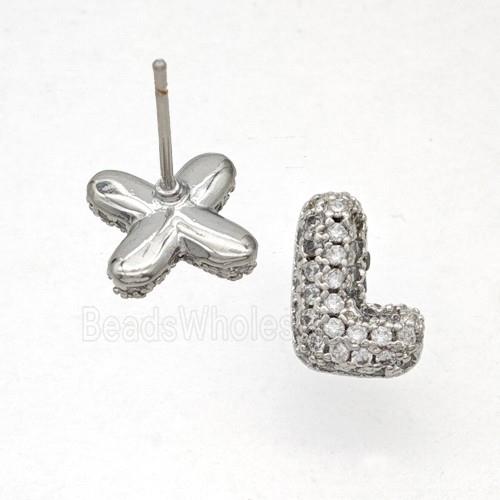 Copper Stud Earrings Pave Zirconia Letter-L Platinum Plated