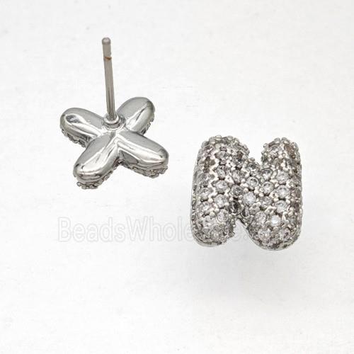 Copper Stud Earrings Pave Zirconia Letter-N Platinum Plated