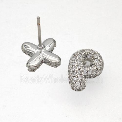 Copper Stud Earrings Pave Zirconia Letter-P Platinum Plated