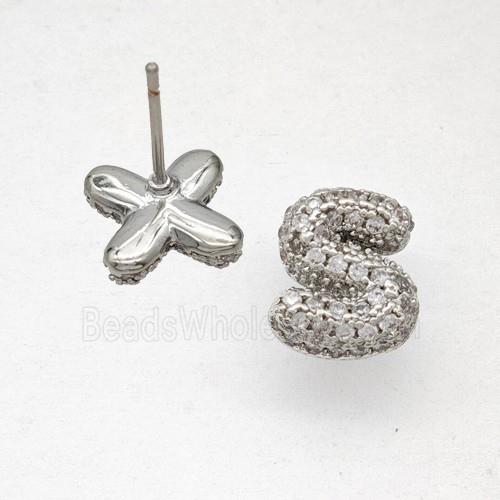 Copper Stud Earrings Pave Zirconia Letter-S Platinum Plated