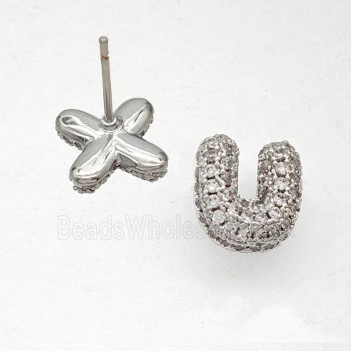 Copper Stud Earrings Pave Zirconia Letter-U Platinum Plated