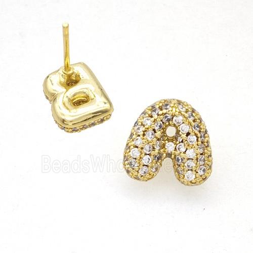 Copper Stud Earrings Pave Zirconia Letter-A Gold Plated