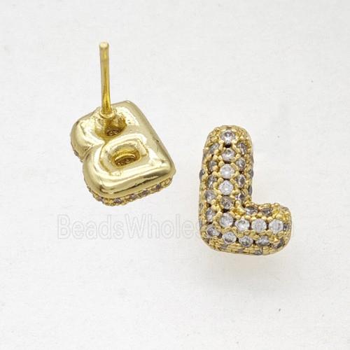 Copper Stud Earrings Pave Zirconia Letter-L Gold Plated