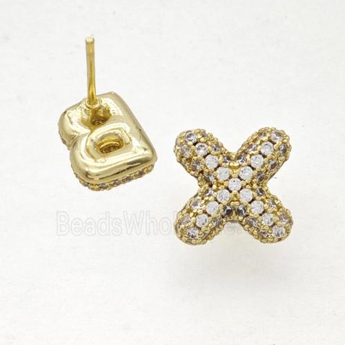 Copper Stud Earrings Pave Zirconia Letter-X Gold Plated