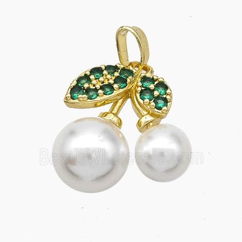 Copper Cherry Pendant Pave Zirconia White Pearlized Resin Gold Plated