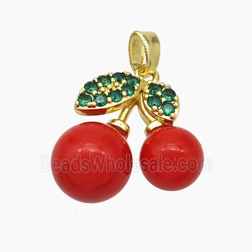 Copper Cherry Pendant Pave Zirconia Red Pearlized Resin Gold Plated