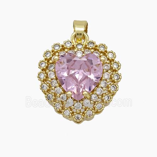 Copper Heart Pendant Micropave Zirconia Pink Crystal Glass Gold Plated