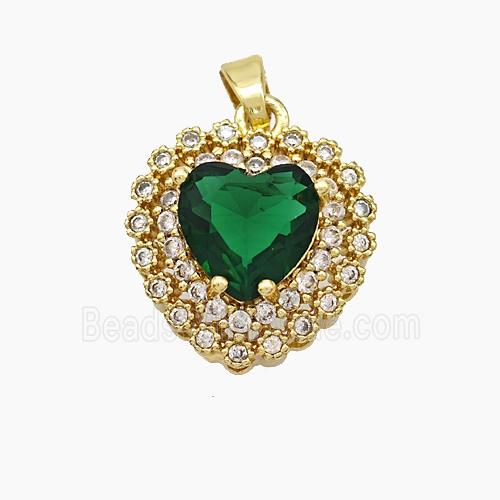 Copper Heart Pendant Micropave Zirconia Green Crystal Glass Gold Plated
