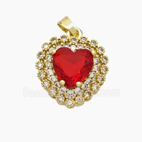 Copper Heart Pendant Micropave Zirconia Red Crystal Glass Gold Plated