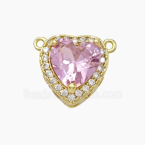 Copper Heart Pendant Micropave Zirconia Pink Crystal Glass 2loops Gold Plated