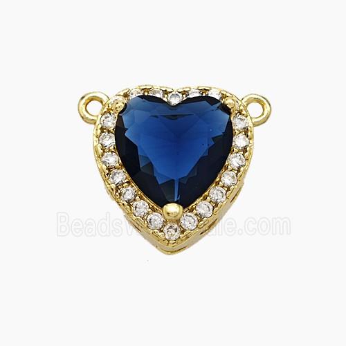 Copper Heart Pendant Micropave Zirconia Deepblue Crystal Glass 2loops Gold Plated