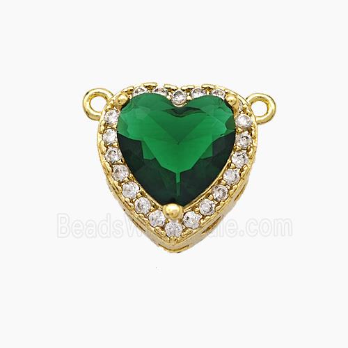 Copper Heart Pendant Micropave Zirconia Green Crystal Glass 2loops Gold Plated