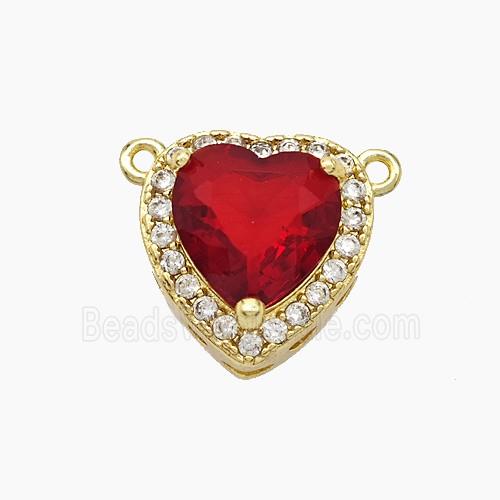 Copper Heart Pendant Micropave Zirconia Red Crystal Glass 2loops Gold Plated