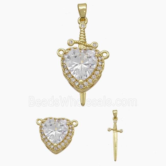 Copper Sword Heart Pendant Pave Zirconia Clear Crystal Glass Gold Plated