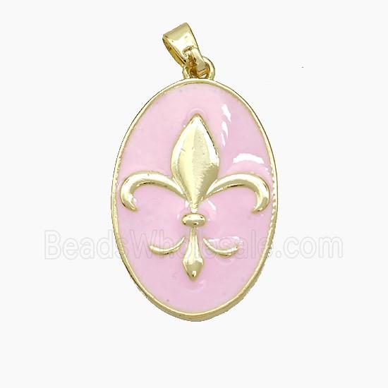 Copper Oval Pendant Fleur De Lis Pink Enamel Gold Plated