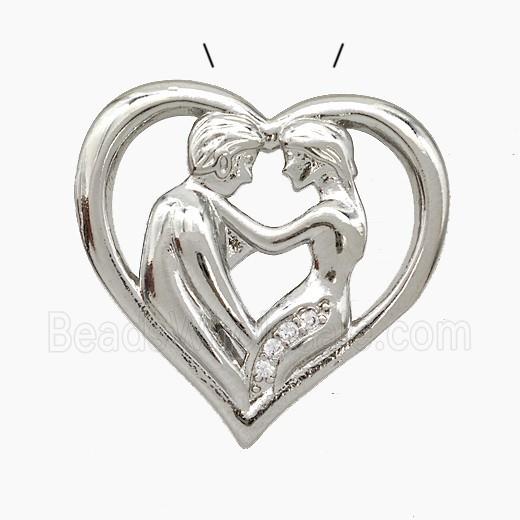 Copper Couple Pendant Pave Zirconia Heart Platinum Plated