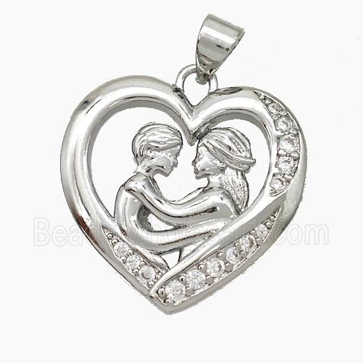 Copper Couple Pendant Pave Zirconia Heart Platinum Plated