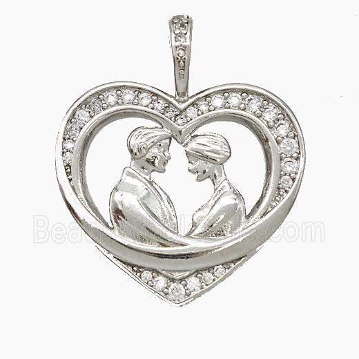 Copper Couple Pendant Pave Zirconia Heart Platinum Plated