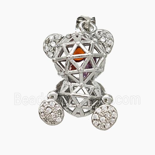 Copper Bear Pendant Pave Zirconia Hollow Platinum Plated