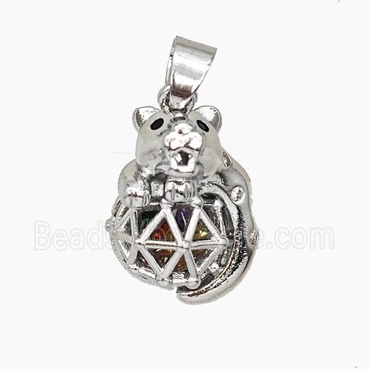 Copper Bear Pendant Pave Zirconia Hollow Platinum Plated