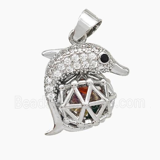 Copper Dolphin Pendant Pave Zirconia Hollow Platinum Plated