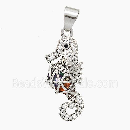 Copper Seahorse Pendant Pave Zirconia Hollow Platinum Plated