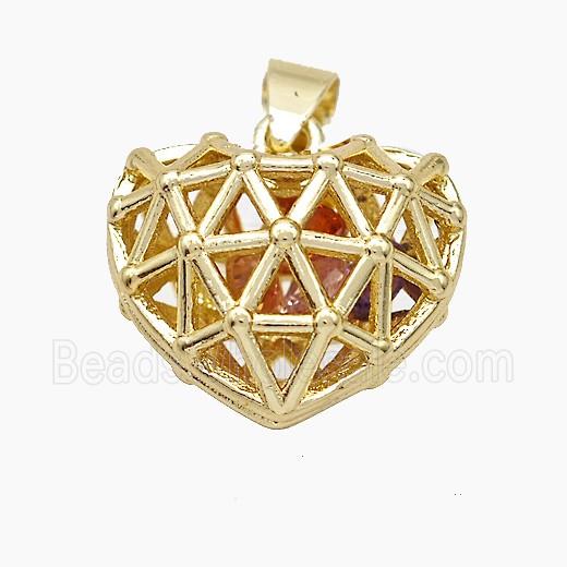 Copper Heart Pendant With Zirconia Hollow Gold Plated
