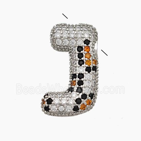 Copper Letter-J Pendant Micropave Zirconia Platinum Plated