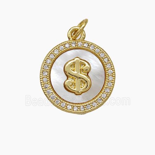 Copper Dollar Symbols Pendant Pave Zirconia Shell Circle 18K Gold Plated