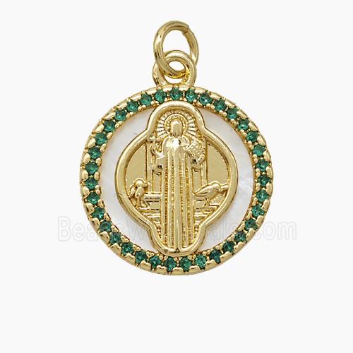 Copper Jesus Pendant Pave Zirconia Shell Circle 18K Gold Plated