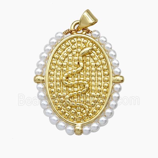 Copper Snake Pendant Pearlized Resin Wire Wrapped Oval 18K Gold Plated