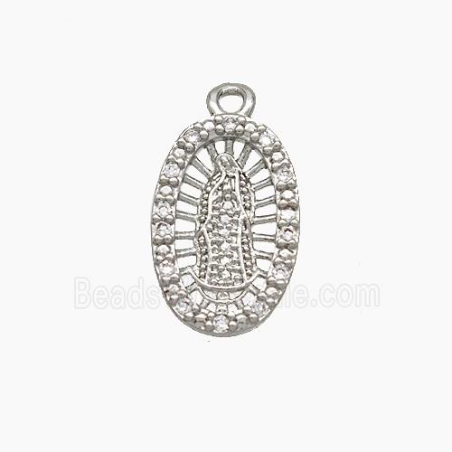 Virgin Mary Charms Copper Oval Pendant Pave Zirconia Platinum Plated