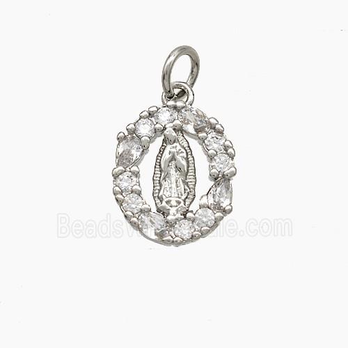 Virgin Mary Charms Copper Oval Pendant Pave Zirconia Platinum Plated