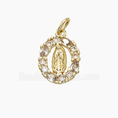 Virgin Mary Charms Copper Oval Pendant Pave Zirconia Gold Plated