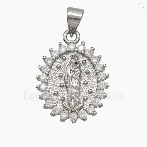 Virgin Mary Charms Copper Pendant Pave Zirconia Platinum Plated