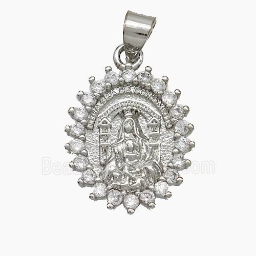 Virgin Mary Charms Copper Pendant Pave Zirconia Platinum Plated