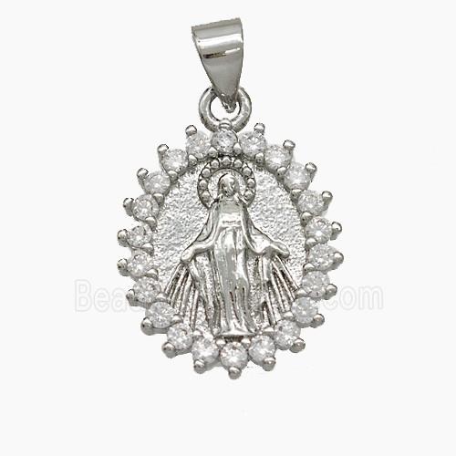 Virgin Mary Charms Copper Pendant Pave Zirconia Platinum Plated
