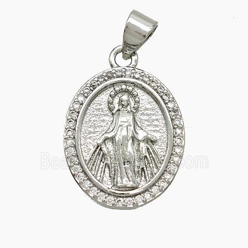 Copper Virgin Mary Pendant Pave Zirconia Platinum Plated