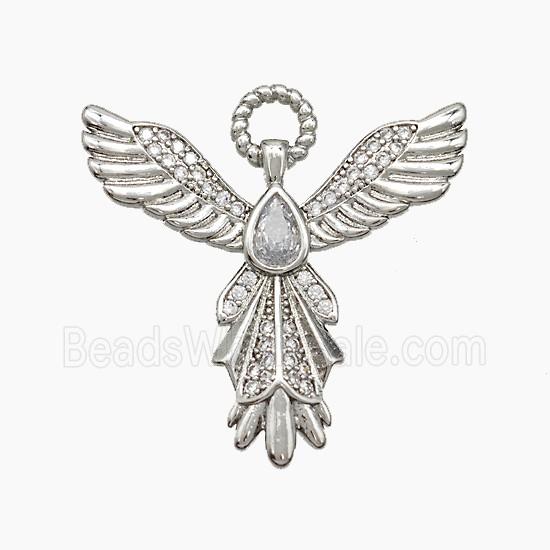 Copper Angel Wing Pendant Pave Zirconia Teardrop Platinum Plated