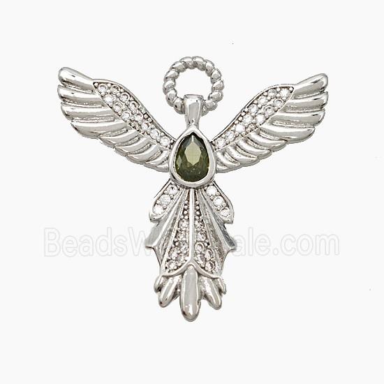 Copper Angel Wing Pendant Pave Zirconia Teardrop Platinum Plated