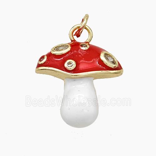 Copper Mushroom Charms Pendant Pave Zirconia White Red Enamel Gold Plated