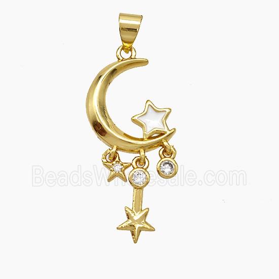 Copper Moon Star Pendant Pave Zirconia White Enamel Gold Plated