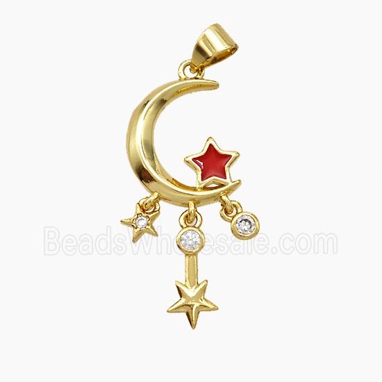 Copper Moon Star Pendant Pave Zirconia Red Enamel Gold Plated