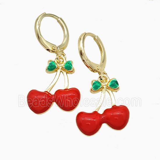 Copper Cherry Hoop Earrings Red Enamel Gold Plated