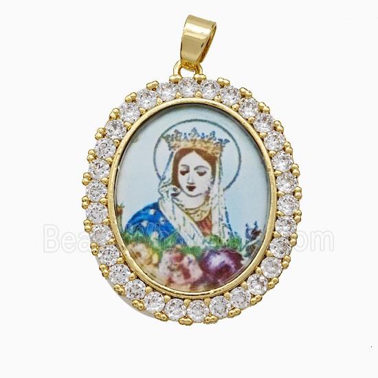 Copper Virgin Mary Pendant Pave Zirconia Painted Oval Gold Plated