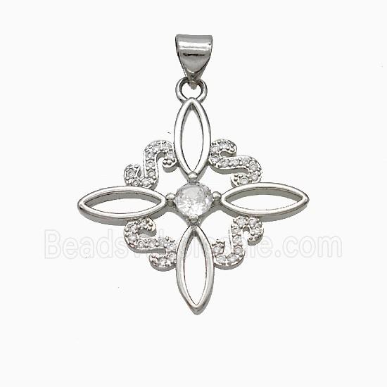 Copper Cross Pendant Pave Zirconia Flower Platinum Plated