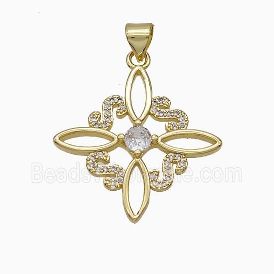 Copper Cross Pendant Pave Zirconia Flower Gold Plated